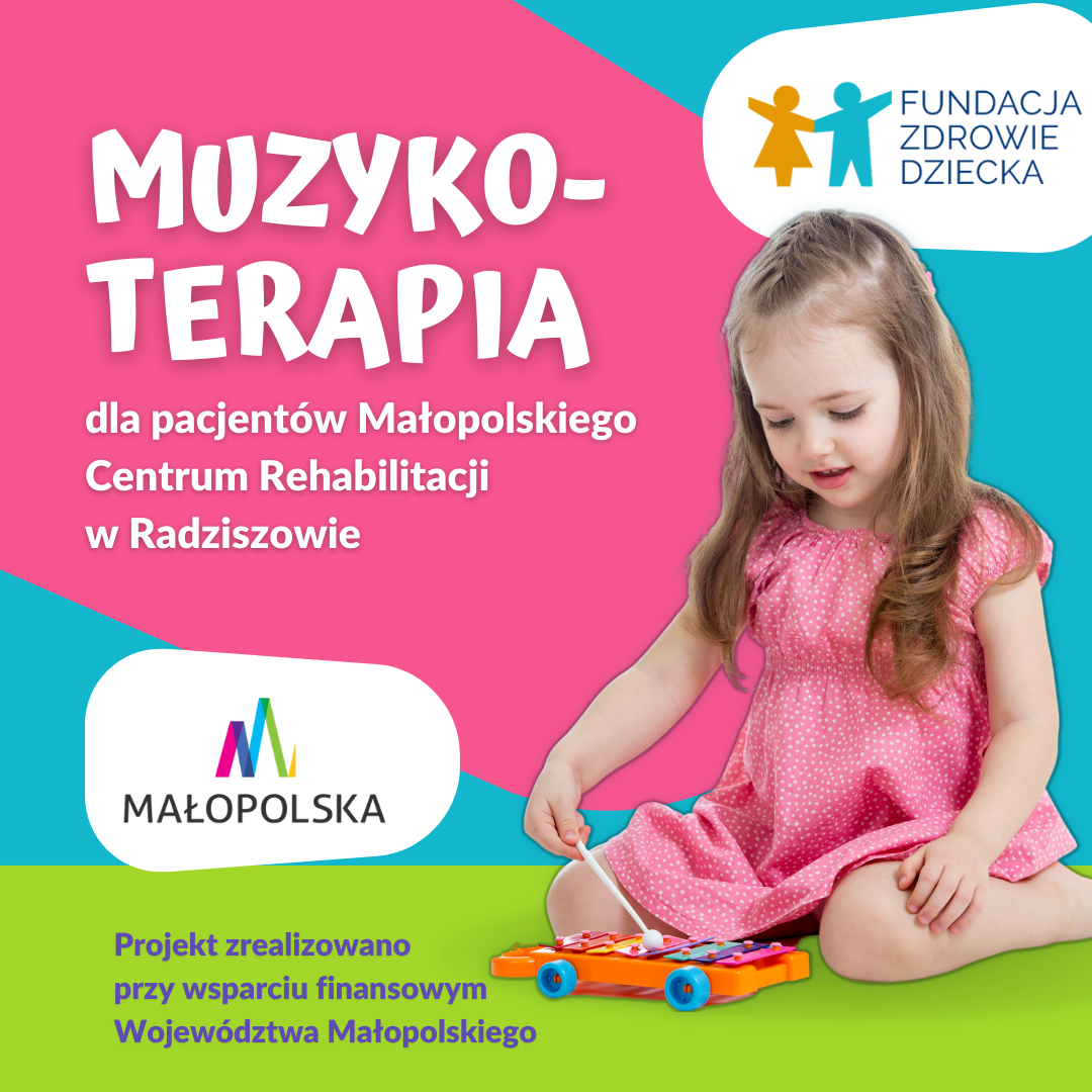 Kolorowa grafika: dziewczynka w różowej sukience gra na dzwonkach. Napis: "Muzykoterapia dla pacjentów Małopolskiego Centrum Rehabilitacji w Radziszowie"